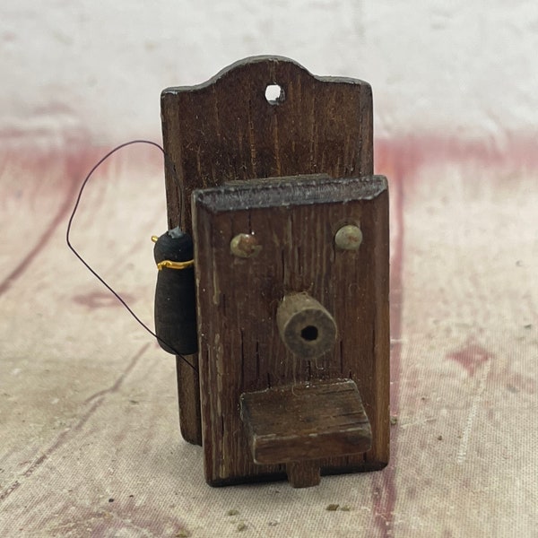 Vintage 1970’s Era Brown Wood Old Wall Crank Telephone Dollhouse Furniture