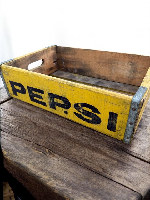 Vintage PEPSI COLA Wooden Soda Crate Case Tray Mustard Paint Color