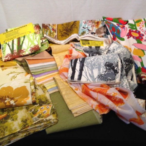 Lot of Vintage Drapery Fabric Swatches in Various Prints and Colors