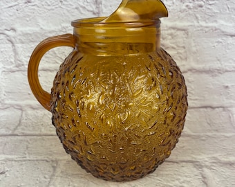 Vintage Dark Amber Anchor Hocking Lido Milano Crinkle Amber Honey Gold Ball Ice Tea Pitcher