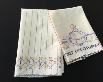 Pair of Vintage Hand Embroidery Kitchen Towels (Silver and Thursday to Market Days of the Week)