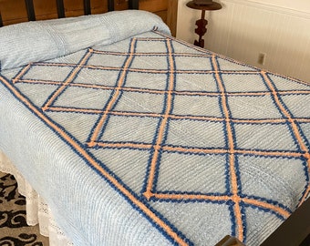 Vintage Blue and Peach Fluffy Chenille Bedspread