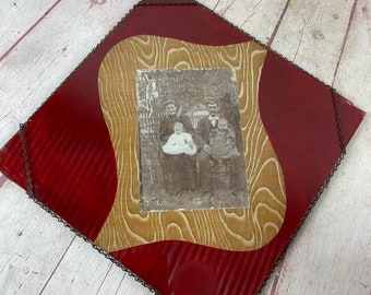 Antique Black & White Sepia Tone Family Photograph In Painted Glass With Chains