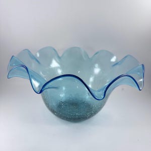 Vintage Blenko Blue Crackle Glass Ruffled Top Bowl