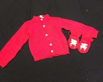 Vintage Baby Girl's So Cute Acrylic Orlon Red Sweater and Mittens with Tedd Bears