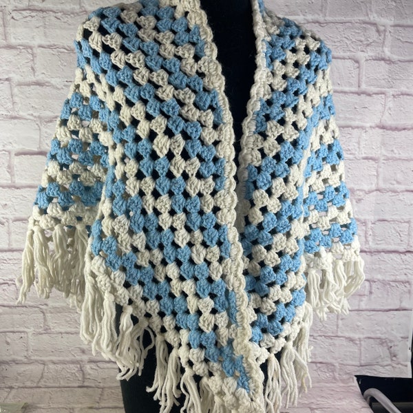 Vintage Hand Crochet Blue and White Shawl or Cape with Fringe