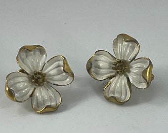 Vintage Designer Signed Trifari Dogwood Blossom Clip On Earrings