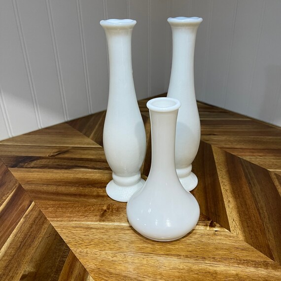 Trio of Vintage White Milkglass Milk Glass Bud Vase Wedding Vases Home