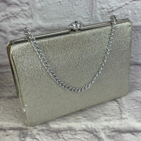 Vintage 1970’s Era Silver Lamé Small Purse or Evening Bag with Chain Handle