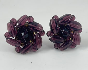 Pair of Vintage Purple Beaded Glass Clip On Earrings