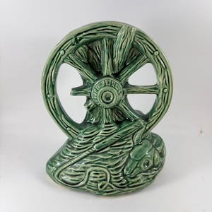 Vintage Green McCoy Wagon Wheel Western Themed Vase or Planter
