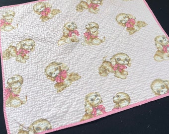 Vintage Small Pink Baby Blanket with Puppy Dogs