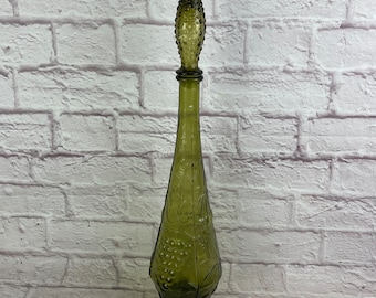 Vintage Mid Century Empoli Style Green Art Glass Genie Decanter Bottle with Grapes