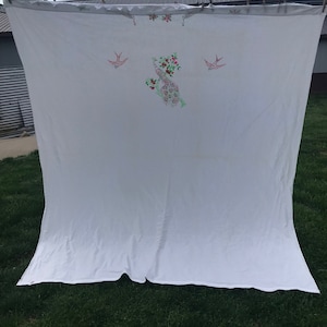 Vintage White with Painted Embroidery Flowers and Peacocks Fine Muslin Bonnie Brand Full Size Flat Sheet with Lace Trim