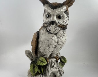 Vintage 1970's Era FLAMBRO Porcelain Bisque Owl Figurine Music Box