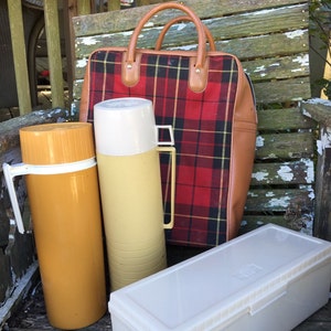Vintage Red Scottish Plaid Thermos Lunch Kit with 2 Thermoses and Loaf Keeper Container and Vinyl Bag image 1