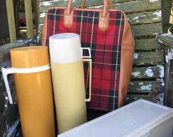 Vintage Red Scottish Plaid Thermos Lunch Kit with 2 Thermoses and Loaf Keeper Container and Vinyl Bag
