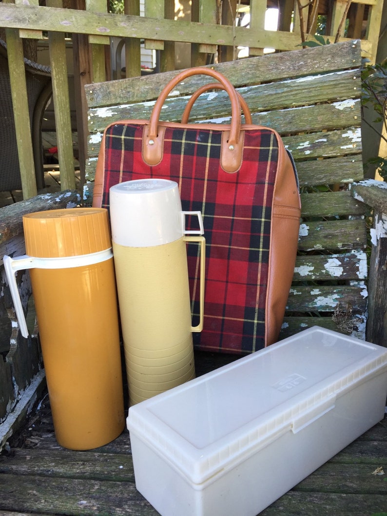 Vintage Red Scottish Plaid Thermos Lunch Kit with 2 Thermoses and Loaf Keeper Container and Vinyl Bag image 1