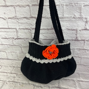 Vintage Hand Crochet Purse Black with Big Orange Crocheted Flower Halloween