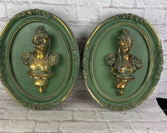 Pair of Vintage Large Green and Gold  Oval Cameo Style Wall Decor Hangings