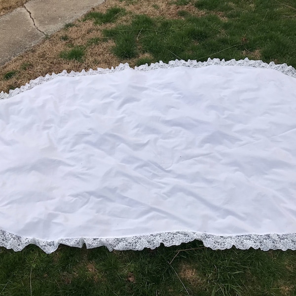 Vintage 1970’s Era White Oval Very Large Tablecloth with Lace Trim