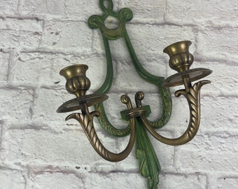 Vintage Bard International Brass and Metal Wall Candleholder Green