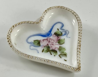 Antique Vintage Small Milkglass Hand Painted Heart Pin Dish