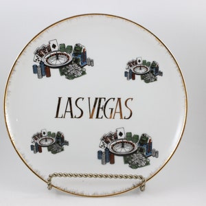 Prato de lembrança vintage de Las Vegas com fichas de pôquer com acabamento dourado, cartas e roleta