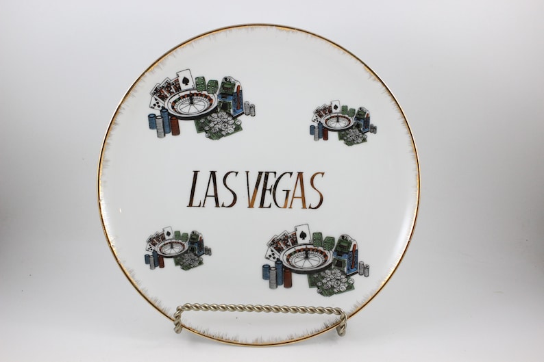 Cards and Roulette Wheel Vintage Las Vegas Souvenir Plate with Gold Trim Poker Chips
