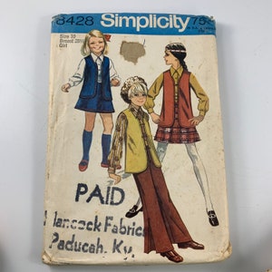 Vintage Simplicity #8428 Pattern for Girls&#39; Size 10 Vest, Blouse, Skirt and Bell Bottom Pants
