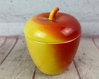 Vintage Hazel Atlas Red and Yellow Apple Milkglass Painted Jelly Jar Container Apple Butter