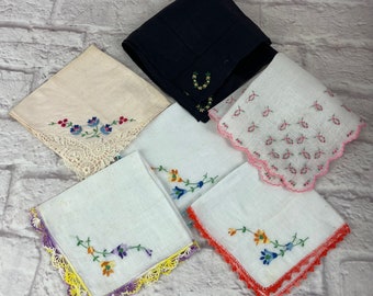 Lot of 6 Vintage Ladies' Hankies Handkerchiefs  Embroidery Flowers Crochet Trim