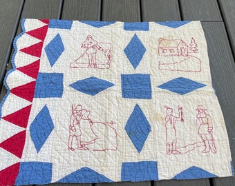 Vintage Red, White and Blue Cutter Quilt Piece Redwork Embroidery
