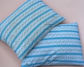 Pair of Vintage Blue and Pink Floral Stripe Ticking Small Feather Pillows