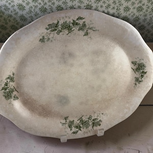 Könnte beinhalten: Eine ovale Servierplatte aus Keramik mit cremefarbener Basis und sichtbarer Craquelé-Glasur. Die Platte ist mit vier einzelnen grünen Blumenmotiven verziert, die entlang der gewellten Ränder des Tellers angeordnet sind.