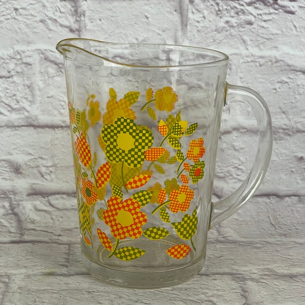 Vintage 1970's Retro Iced Tea Pitcher with Calico Floral Flowers Green, Orange and Yellow