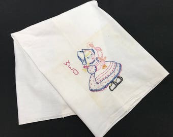 Vintage Large White Cotton Feedsack Fabric Towel with Hand Embroidery Wednesday Dutch Girl