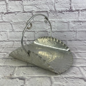 Vintage Hand Finished Aluminum Basket with Handle Flowers and Fruit Crimped Edges