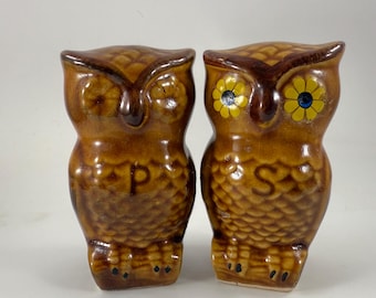 Salière et poivrière hiboux en céramique vintage des années 1970