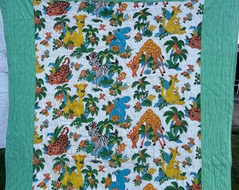 Vintage Hand Quilted Whole Cloth Child's Baby Quilt with Jungle Animals