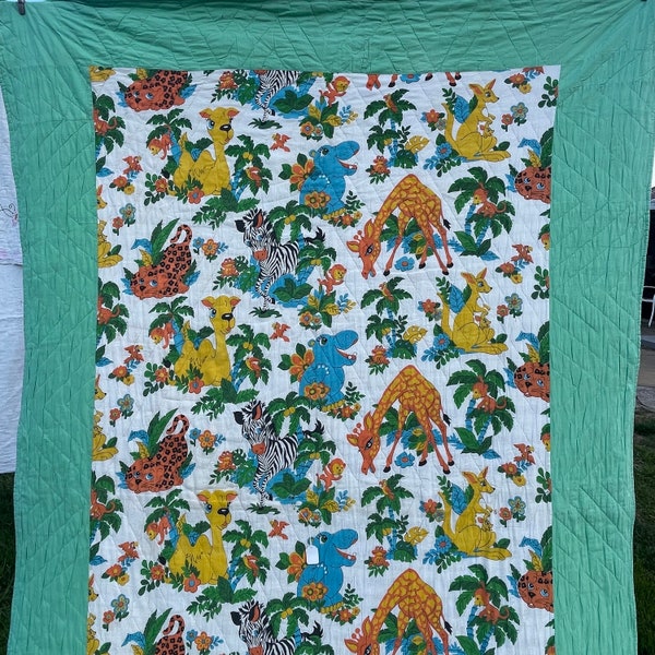 Vintage Hand Quilted Whole Cloth Child's Baby Quilt with Jungle Animals