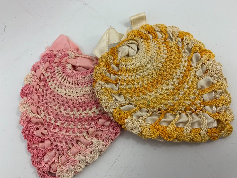 Pair of Vintage Pink and White and Gold and White Hand Crochet Heart Shaped Sachets