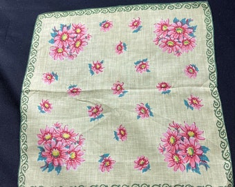 Vintage Ladies’ Yellow With Green Scroll Trim & Peachy Pink Floral Print Hankie Handkerchief
