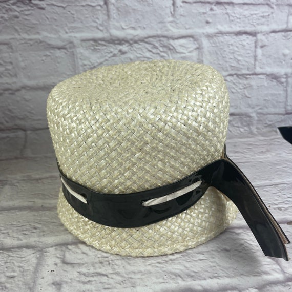 Vintage Ladies’ Off White Straw Hat with Shiny Bl… - image 7