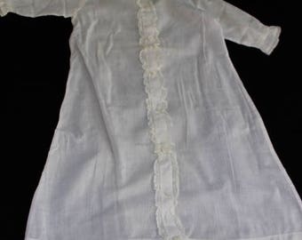 Vintage 1930/40's Era Sheer White Baby's Long Gown with Button Front and Lace Trim