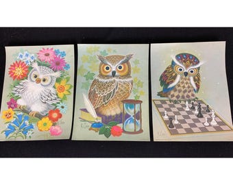 Trío de litografías vintage de búhos de K. Chin, 1973, Donald Art Co.