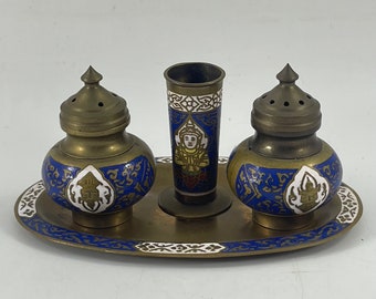 Vintage Brass and Enamel Salt & Pepper Shakers, Toothpick Holder and Tray Set