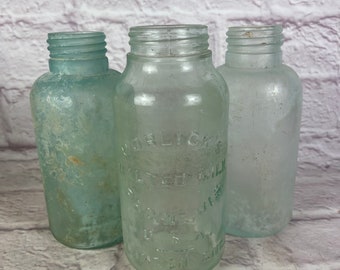 Trio of Vintage Antique Green Glass Old Jars Horlick's Malted Milk