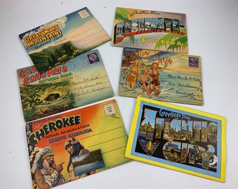 Lot of 6 Vintage 1950’s Era Assorted Postcard Booklets New Mexico, Atlantic City, Great Smoky Mountains, Florida, North Carolina and Comical