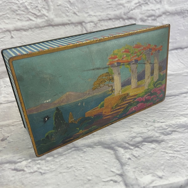 Antique Vintage 1920’s Era Art Deco Candy Tin With Portico & Water Scene From Canco